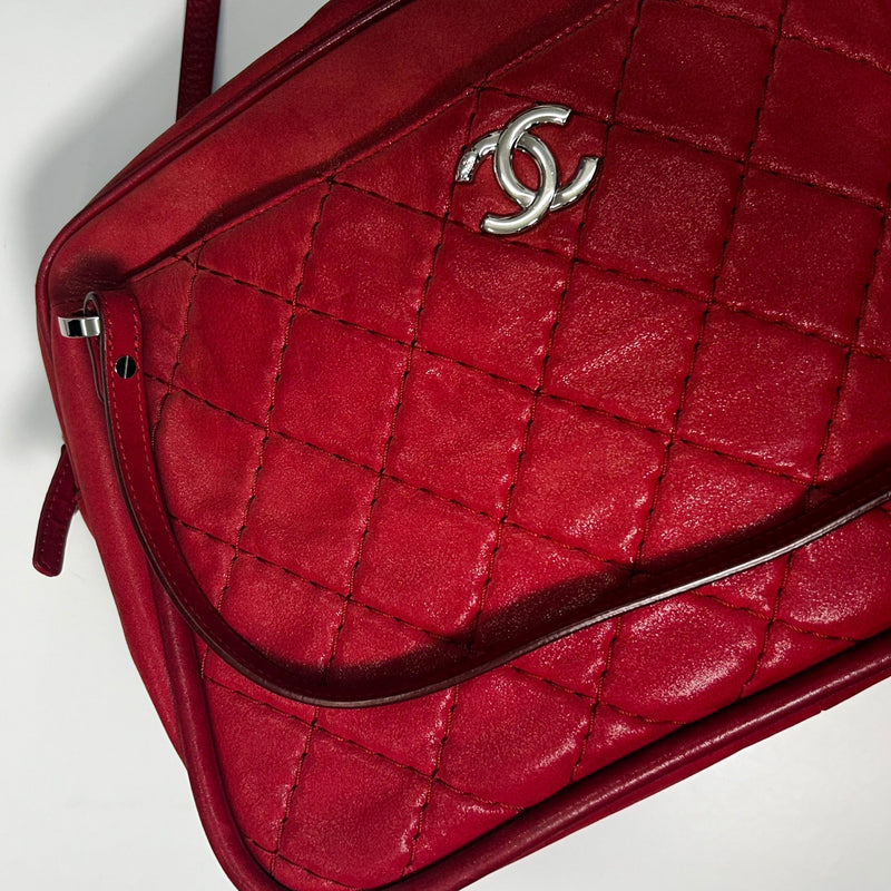 Chanel Red Silver Hardware Quilted Leather Shoulder Bag