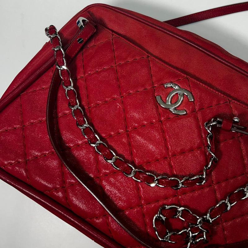 Chanel Red Silver Hardware Quilted Leather Shoulder Bag