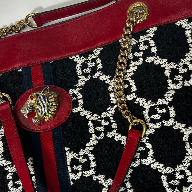 Gucci Black & White Boucle Wool Red Leather Trim Rajah Bag