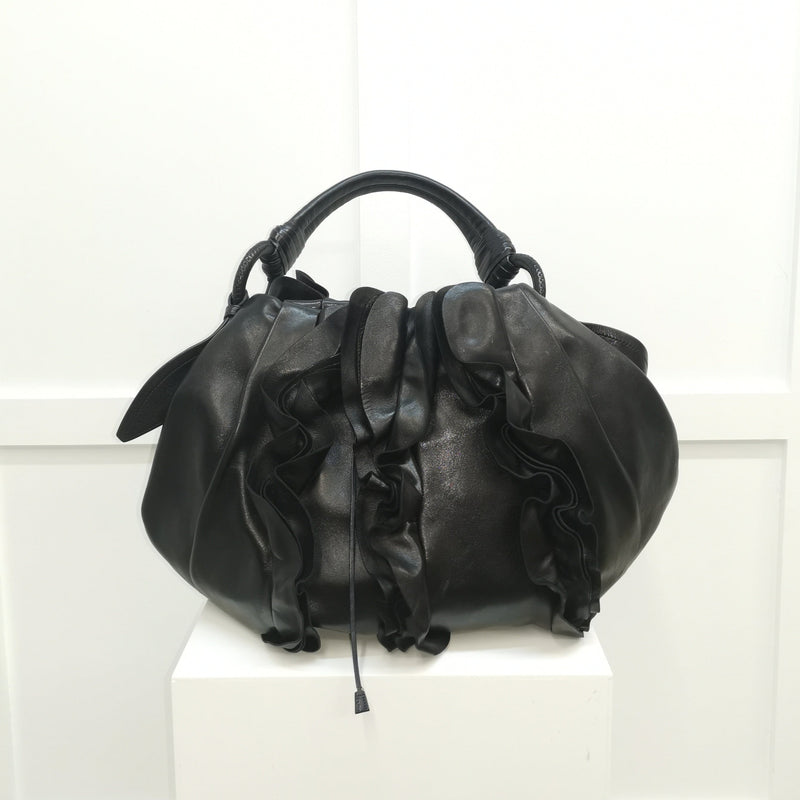 Prada Black Leather Ruffle Mordore Shoulder Bag