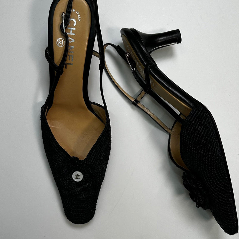 Chanel Black Raffia Camellia Sling Back Kitten Heel Shoes