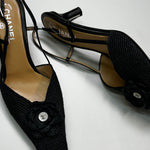 Chanel Black Raffia Camellia Sling Back Kitten Heel Shoes