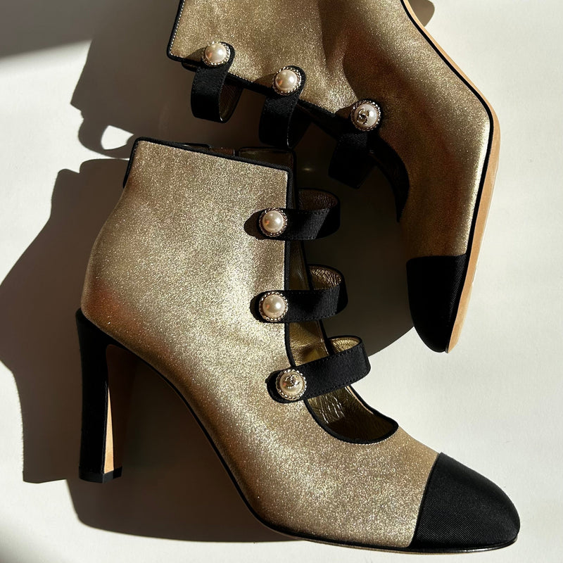 Chanel Gold Metallic Leather Pearl CC Black Toe Ankle Boots