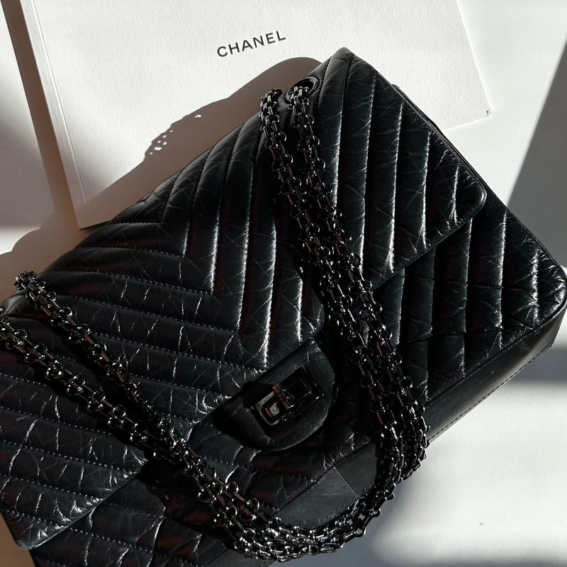 Chanel Reissue 2.55 So Black Chevron Flap Bag in Lambskin