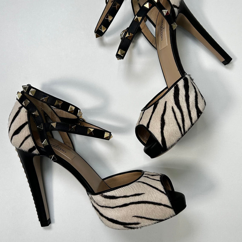 Valentino Rockstud Zebra Print Pony Skin Sandal