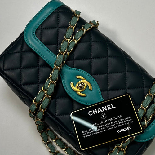 Chanel Navy Turquoise Two Tone Quilted Lambskin Medium Single Flap Bag