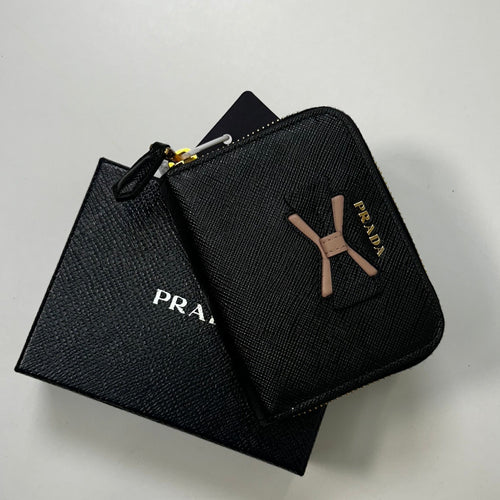 Prada Black Saffiano Leather Bow All Around Zip Wallet