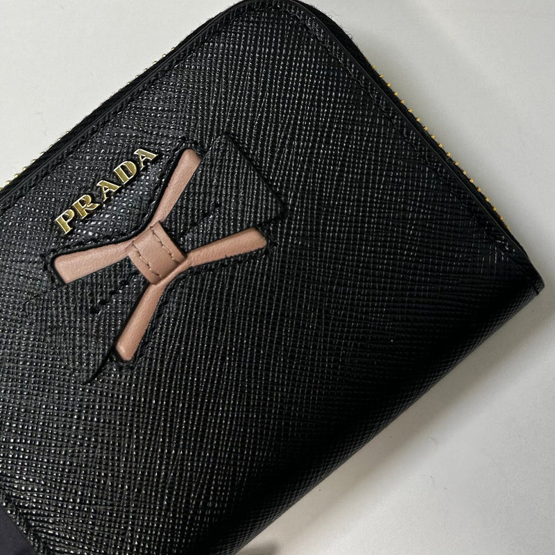 Prada Black Saffiano Leather Bow All Around Zip Wallet