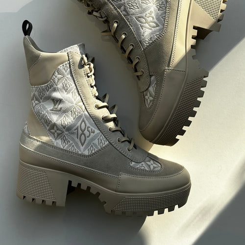 Louis Vuitton Beige Loreate Jacquard Combat Boots