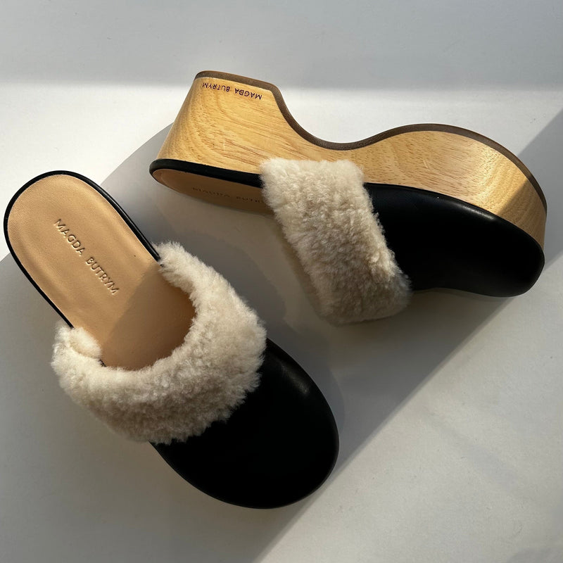 Magda Butrym Black Cream Fur Leather Clogs