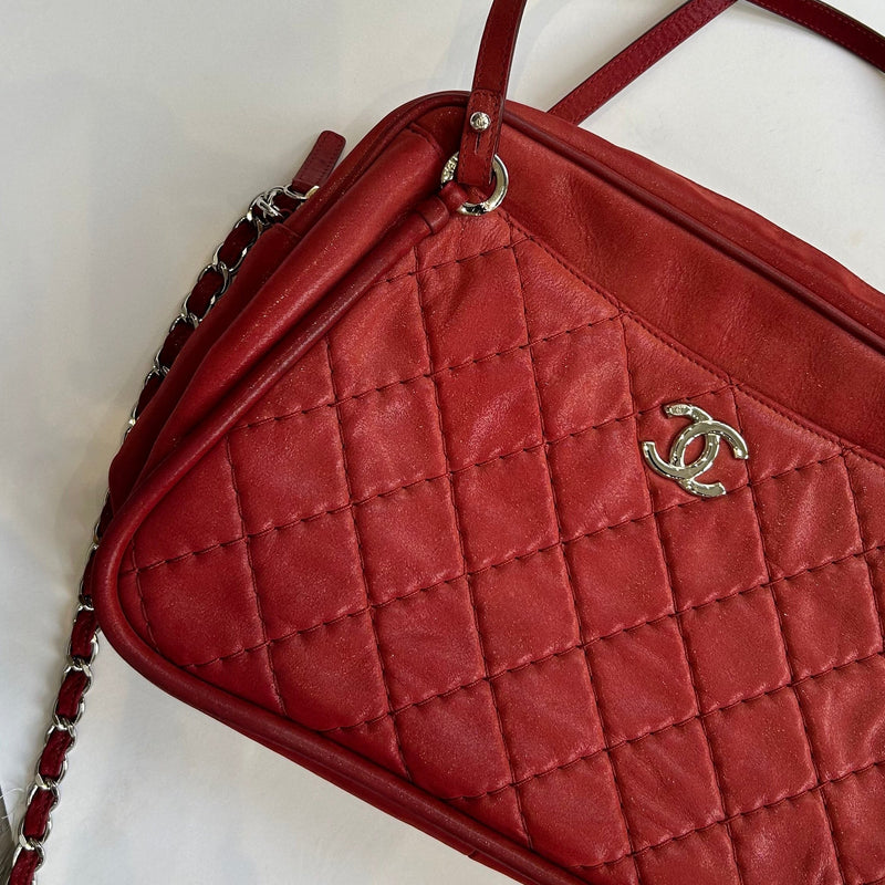 Chanel Red Silver Hardware Quilted Leather Shoulder Bag