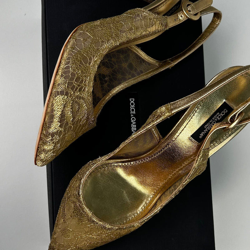 Dolce & Gabbana Gold Lace Pointed Toe Slingback