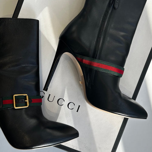 Gucci Black Charlotte Boots Red Green Gross Grain With Buckle