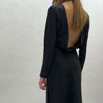 Le Set Barb Black Double Satin Long Sleeve Deep V Back Long Dress