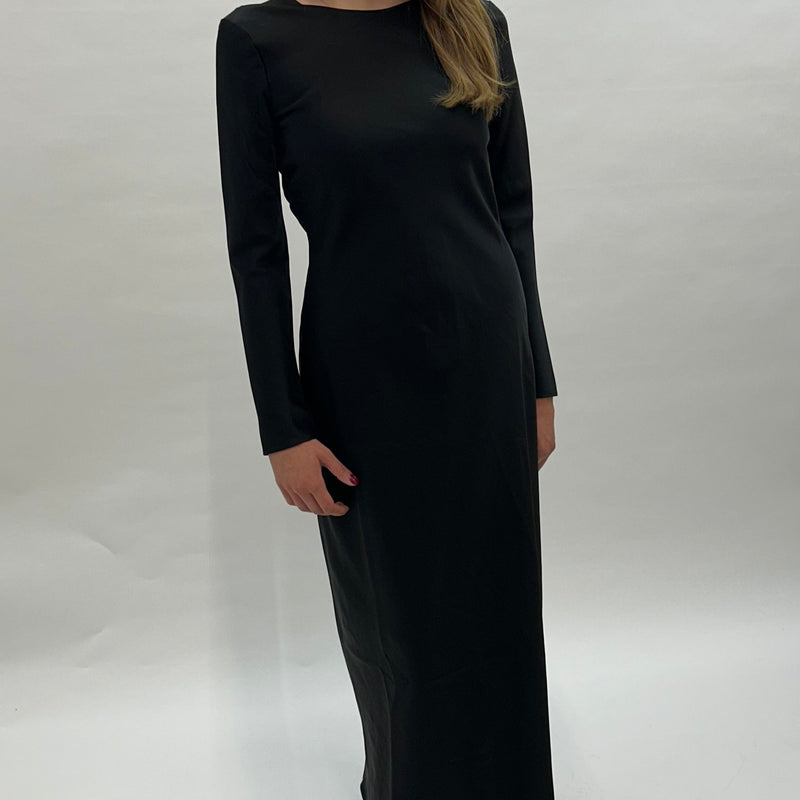 Le Set Barb Black Double Satin Long Sleeve Deep V Back Long Dress