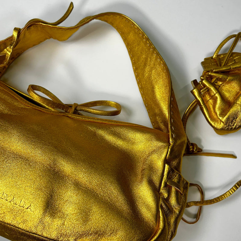 Prada Gold Leather Small Shoulder Bag With Coin Pouch