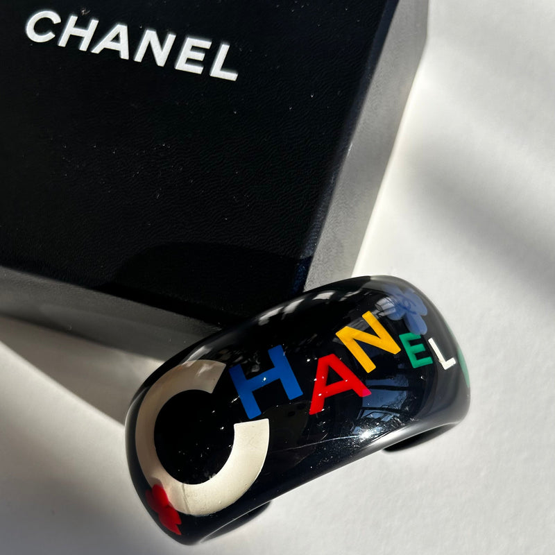 Chanel Black Resin Logo Multi Colour Clover Cuff