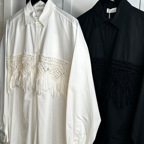 Raey White Silk Macrame Insert Oversized Collared Shirt