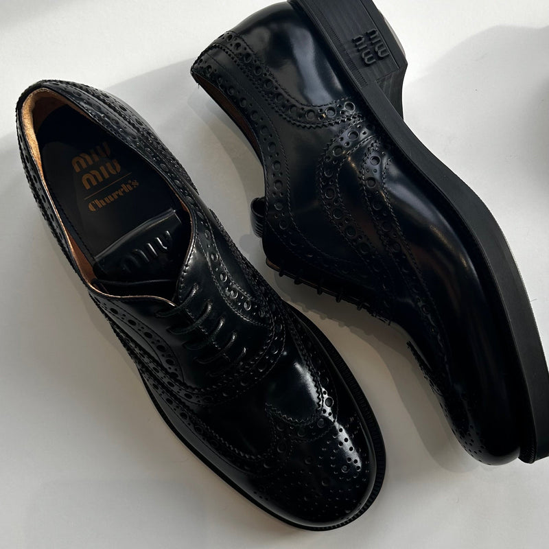 Miu Miu X Church's Black Leather Lace Up Brogue Shoes