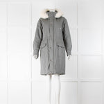 Maje Green Parka Jacket with White Faux Fur Collar and Sherpa Lining