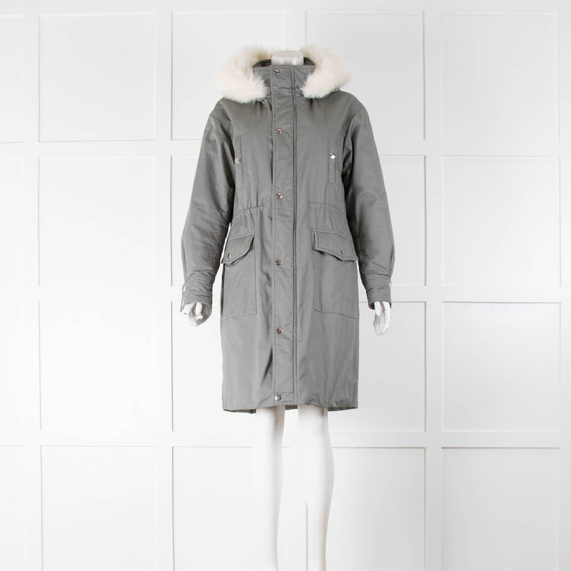 Maje Green Parka Jacket with White Faux Fur Collar and Sherpa Lining Phoenix Style