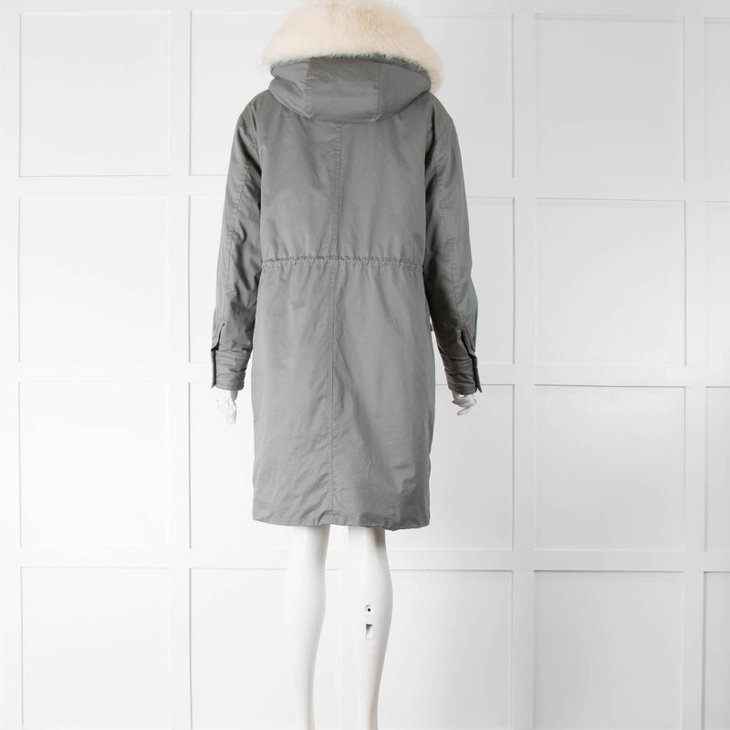 Maje Green Parka Jacket with White Faux Fur Collar and Sherpa Lining