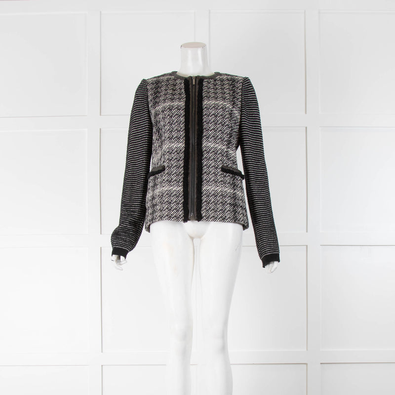 Weekend Max Mara Black White Tweedy Leather Trim Jacket