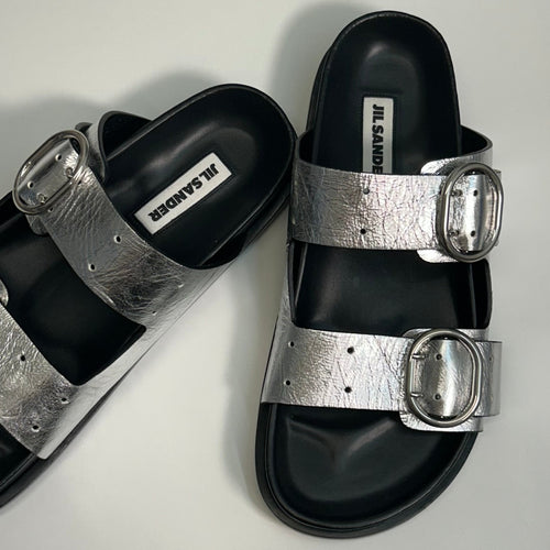 Jil Sander Silver Metallic Leather Double Strap Slide