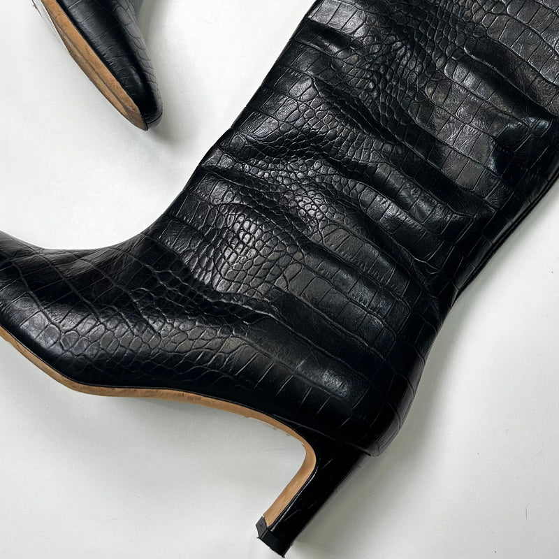 Anine Bing Black Croc Kitten Heel Knee Boots