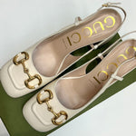 Gucci Cream Leather Horsebit Square Toe Slingbacks