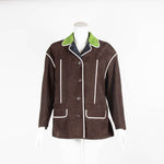 Prada Brown Suede Jacket with White Piping and Green Collar