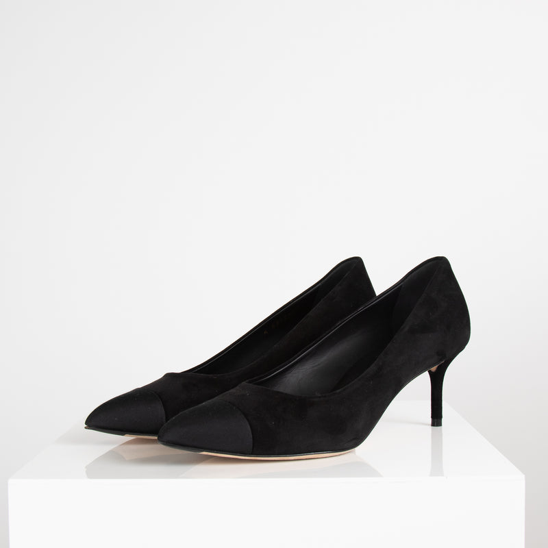 Chanel Black Suede Grosgrain Toe Kitten Heel