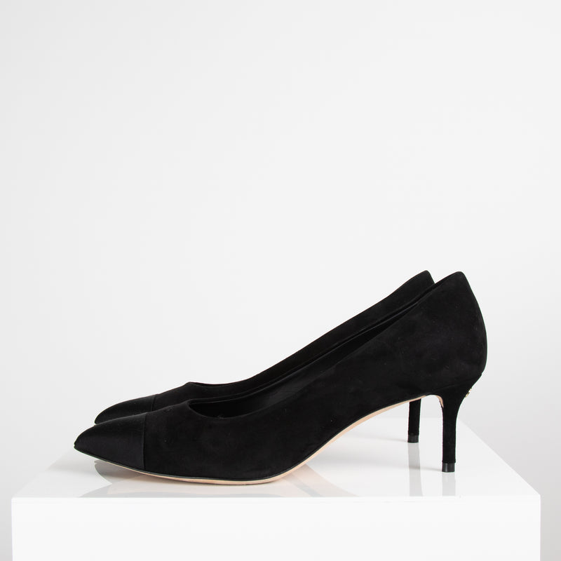 Chanel Black Suede Grosgrain Toe Kitten Heel