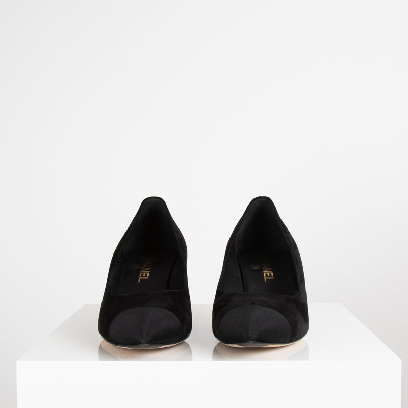 Chanel Black Suede Grosgrain Toe Kitten Heel