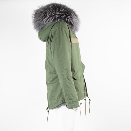 Popski London Khaki Grey Fur Parka