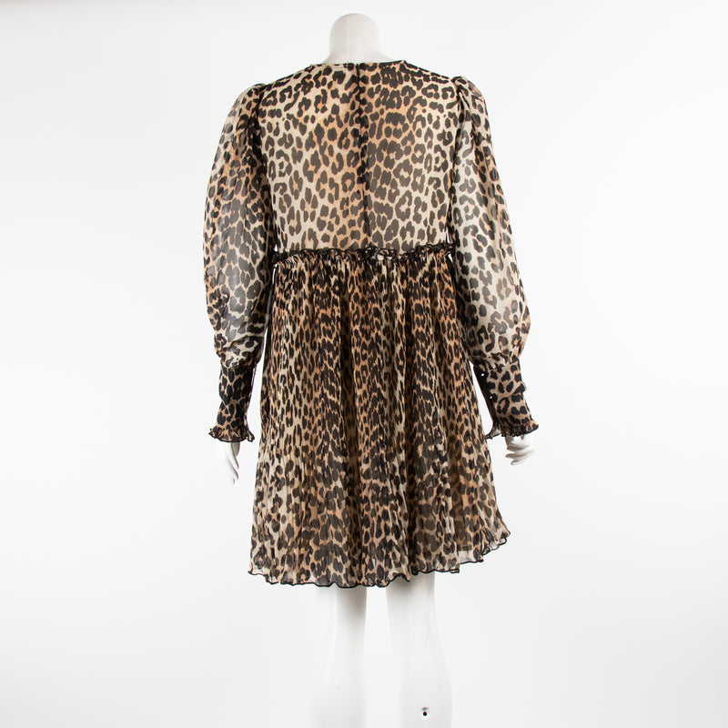 Ganni Brown Leopard Print Long Sleeve Dress