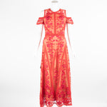 Marchesa Notte Red Sleeveless Midi Lace Dress