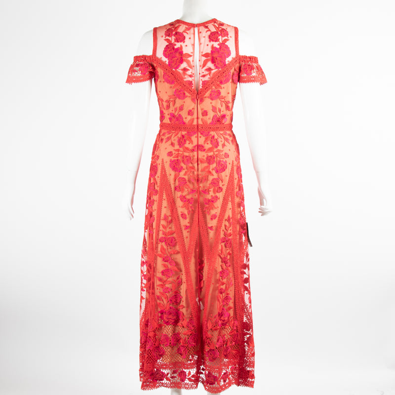 Marchesa Notte Red Sleeveless Midi Lace Dress