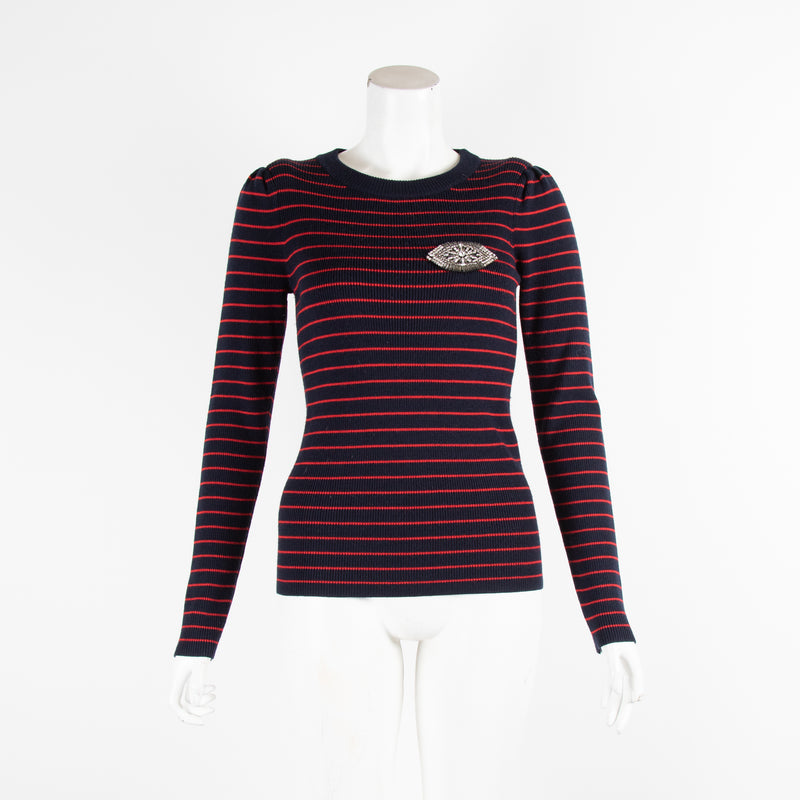 Sandro Navy and Red Knitted Jumper with Embellishment