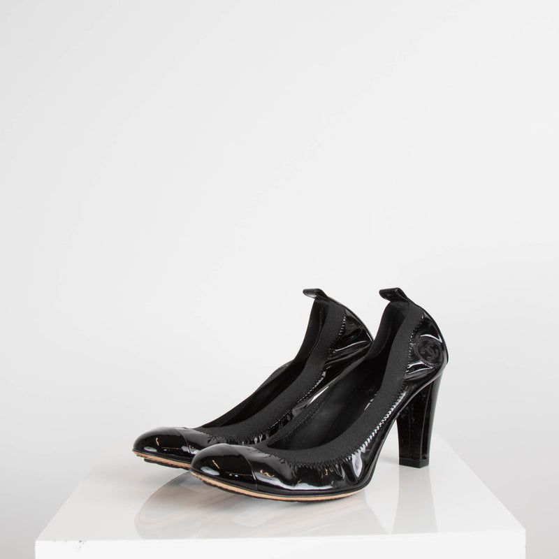 Chanel Black Patent CC Scrunch Heels