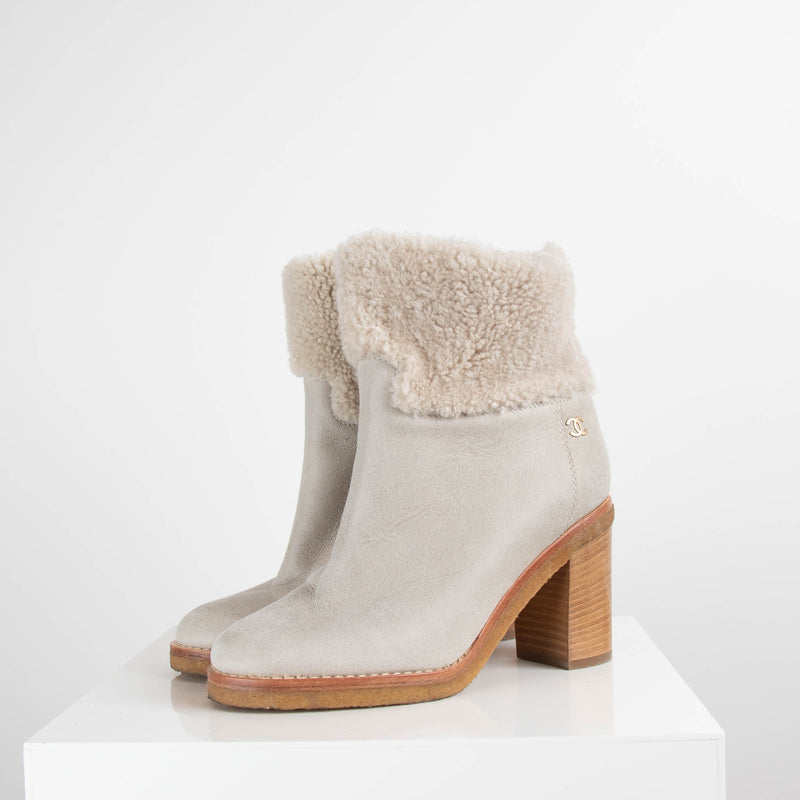 Chanel Cream Shearling Ankle Boot