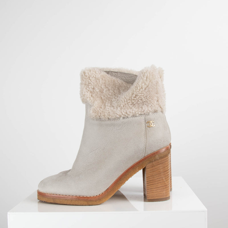 Chanel Cream Shearling Ankle Boot