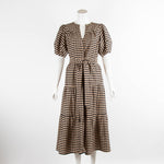 Wyse Black Beige Checked Belted Midi Dress