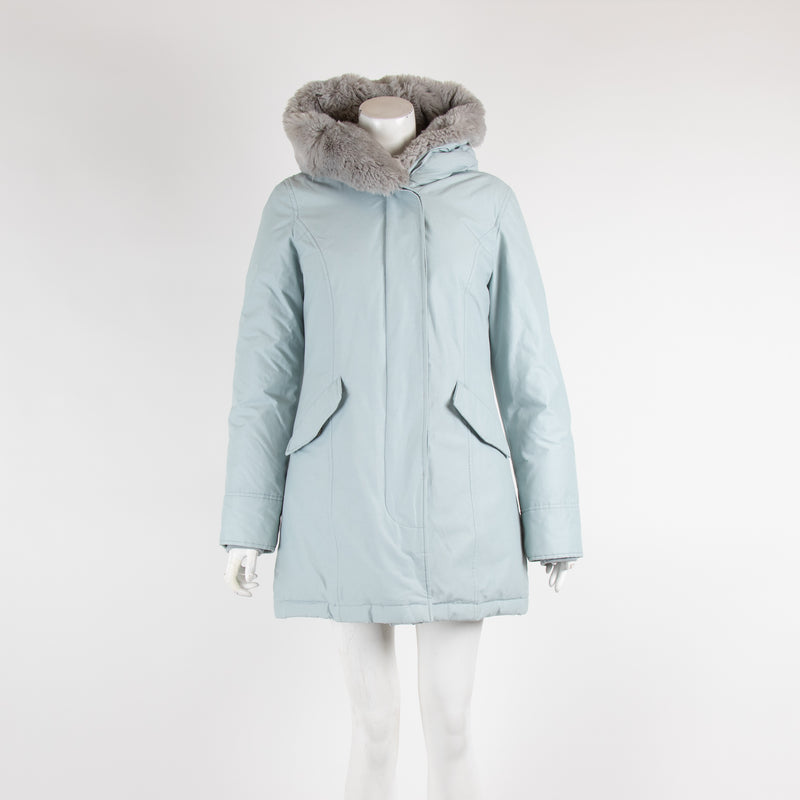 Wool Rich Pale Blue Coat With Fur Hood