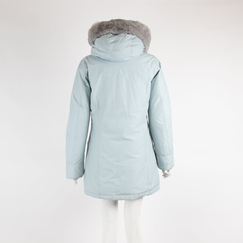 Wool Rich Pale Blue Coat With Fur Hood