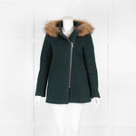 Sandro Green Wool Zip Up Jacket Fur Hood