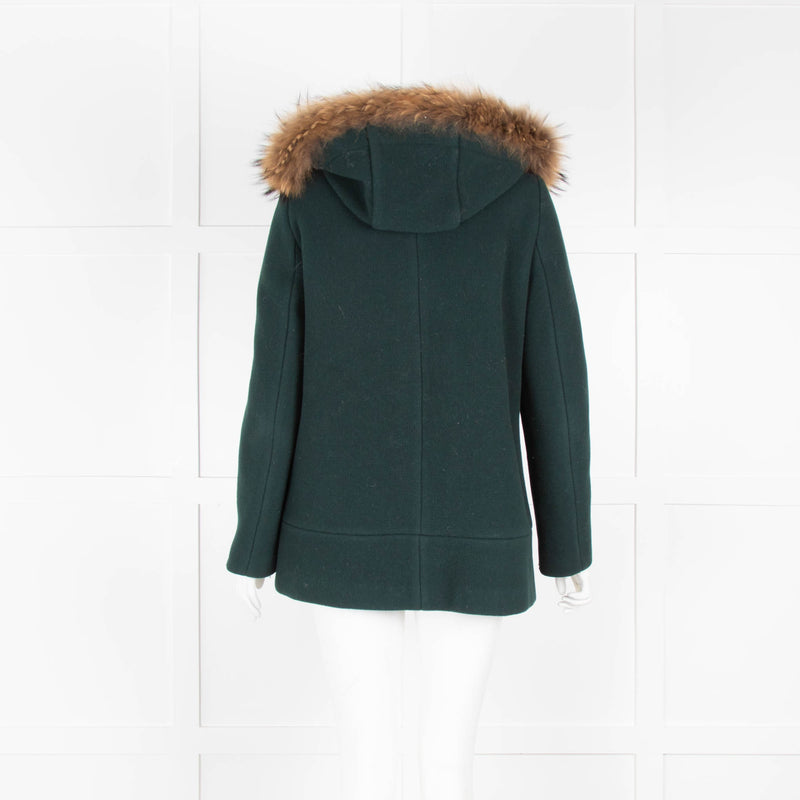 Sandro Green Wool Zip Up Jacket Fur Hood