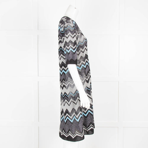 M Missoni Black Silver Blue Lurex Short Sleeve Dress