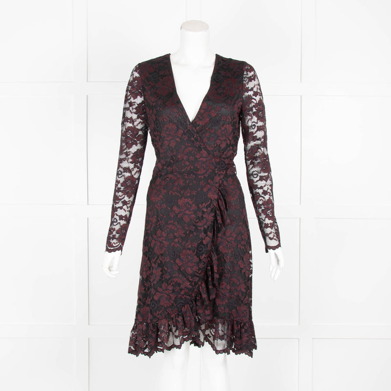 Ganni Black Burgundy  Lace Long Sleeve Dress