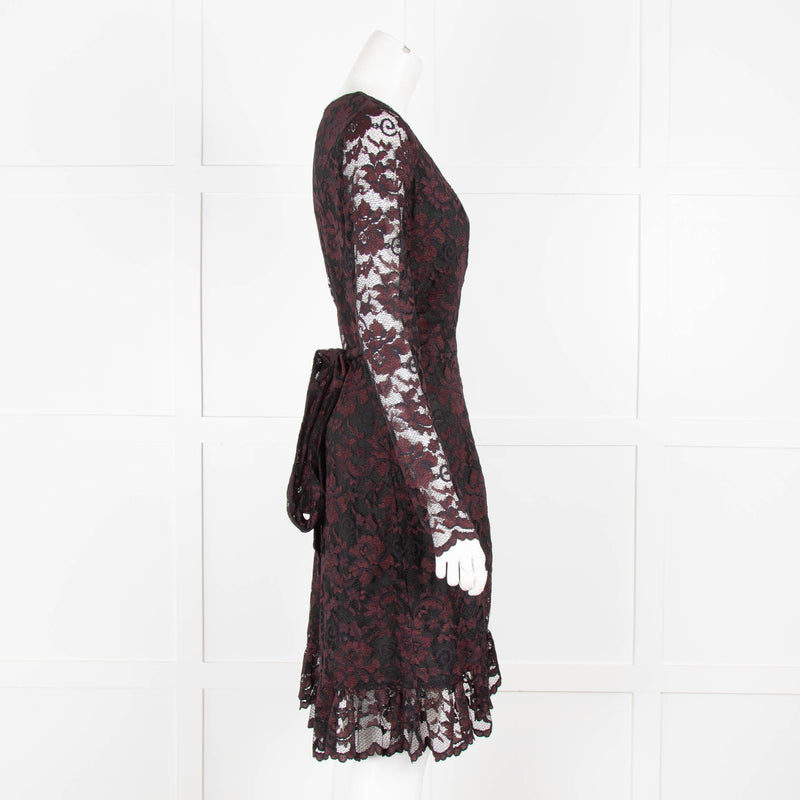 Ganni Black Burgundy  Lace Long Sleeve Dress